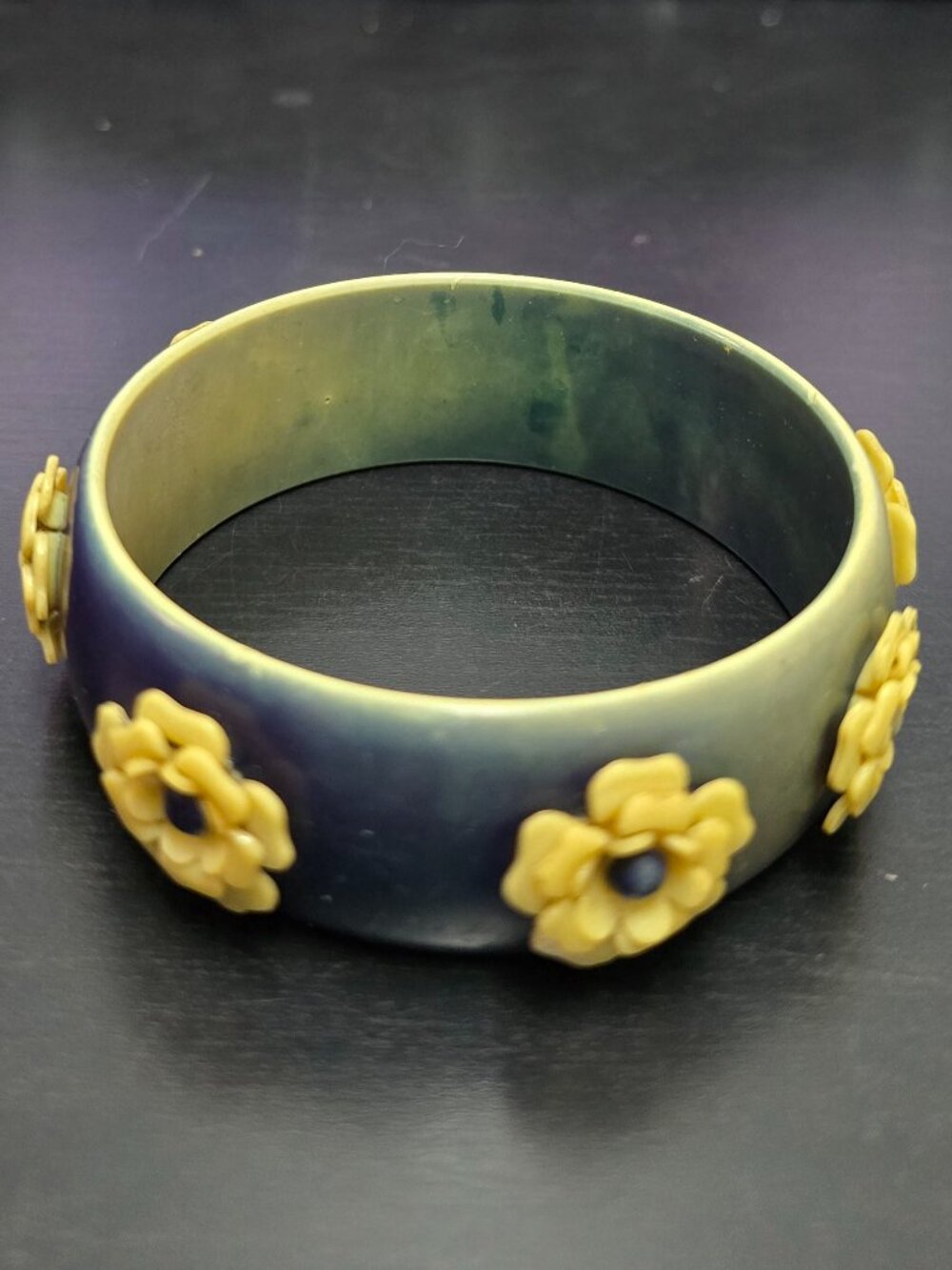 Bakelite with Celluloid Bangle Blue Floral Circa 1940s Vintage Bracelet